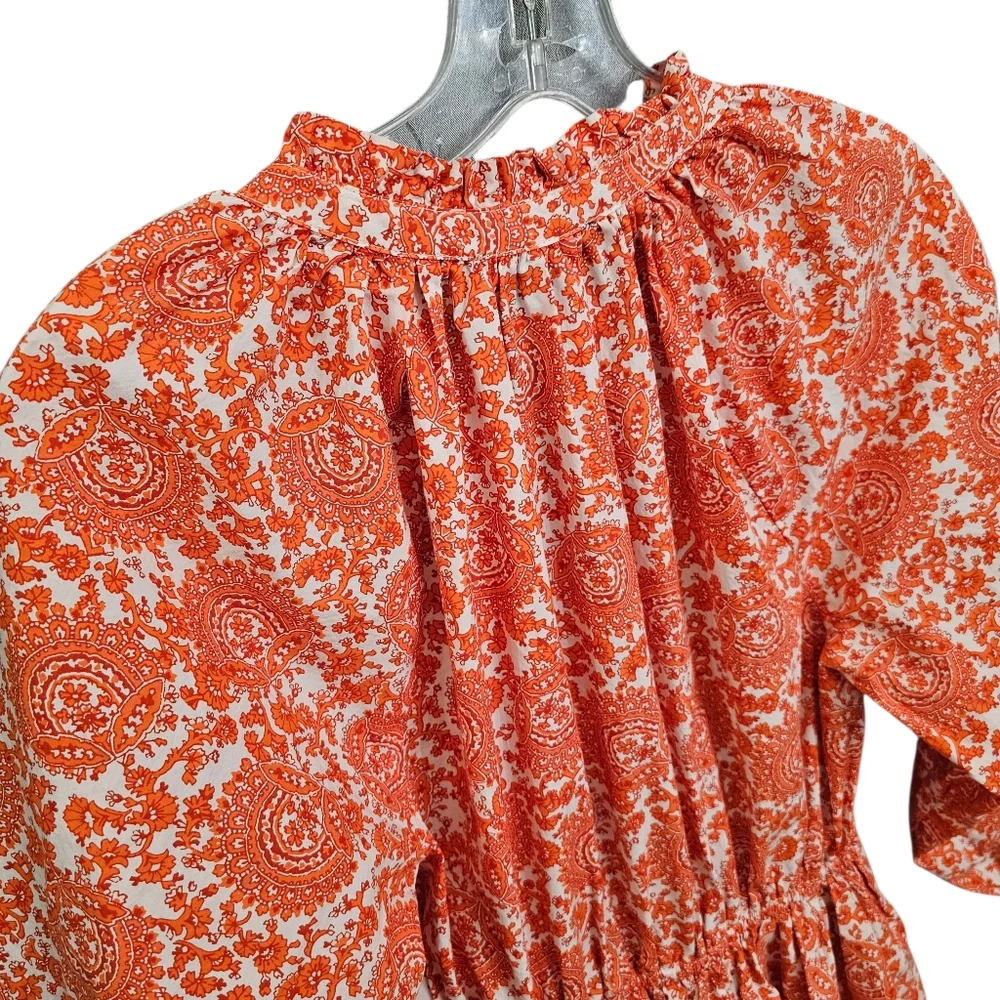 Nwot J.Crew Orange White Floral LS Ruffled Neck Fit/Flare Button Front  Dress